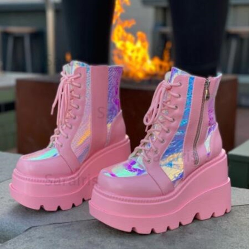 Women's Pink Holographic Platf - Street Fashion Punk recension och pris